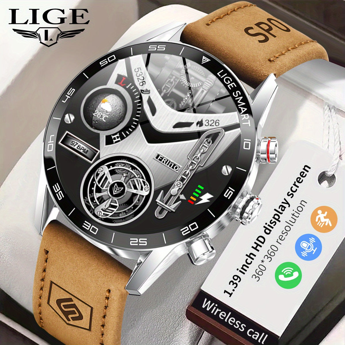 LIGE Men'S Business Smart Watch with sports timing, digital display, USB charging, round zinc alloy case, calendar, wireless call & remote control, water-resistant, rechargeable battery