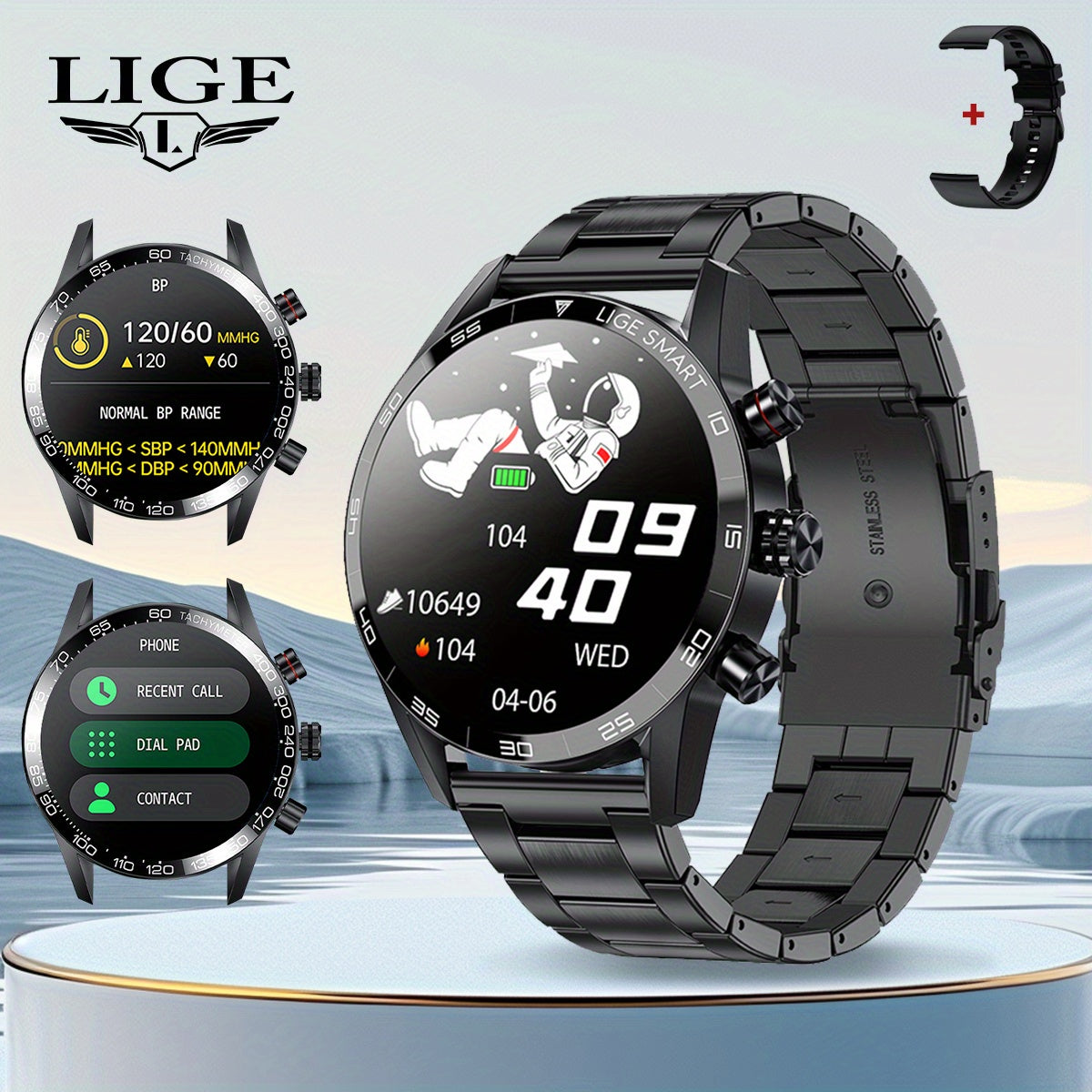 LIGE Men'S Business Smart Watch with sports timing, digital display, USB charging, round zinc alloy case, calendar, wireless call & remote control, water-resistant, rechargeable battery