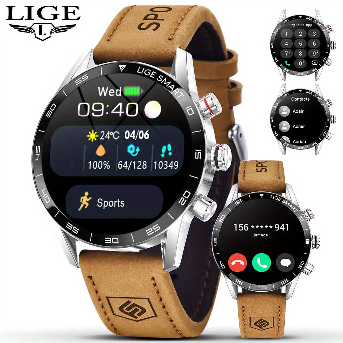 LIGE Men'S Business Smart Watch with sports timing, digital display, USB charging, round zinc alloy case, calendar, wireless call & remote control, water-resistant, rechargeable battery