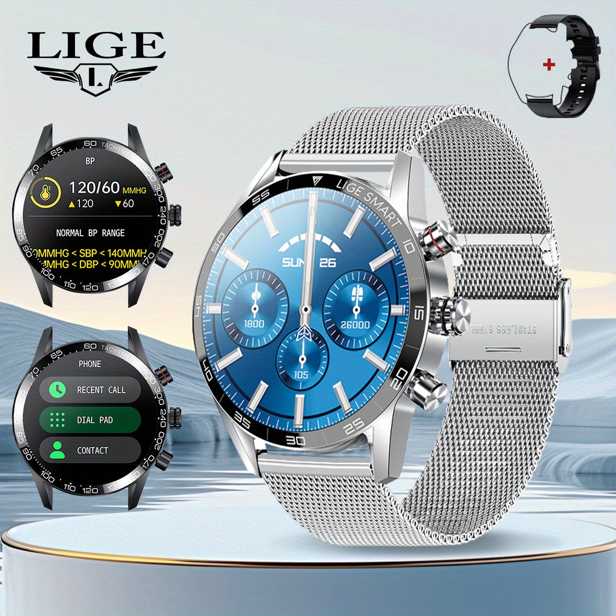 LIGE Men'S Business Smart Watch with sports timing, digital display, USB charging, round zinc alloy case, calendar, wireless call & remote control, water-resistant, rechargeable battery