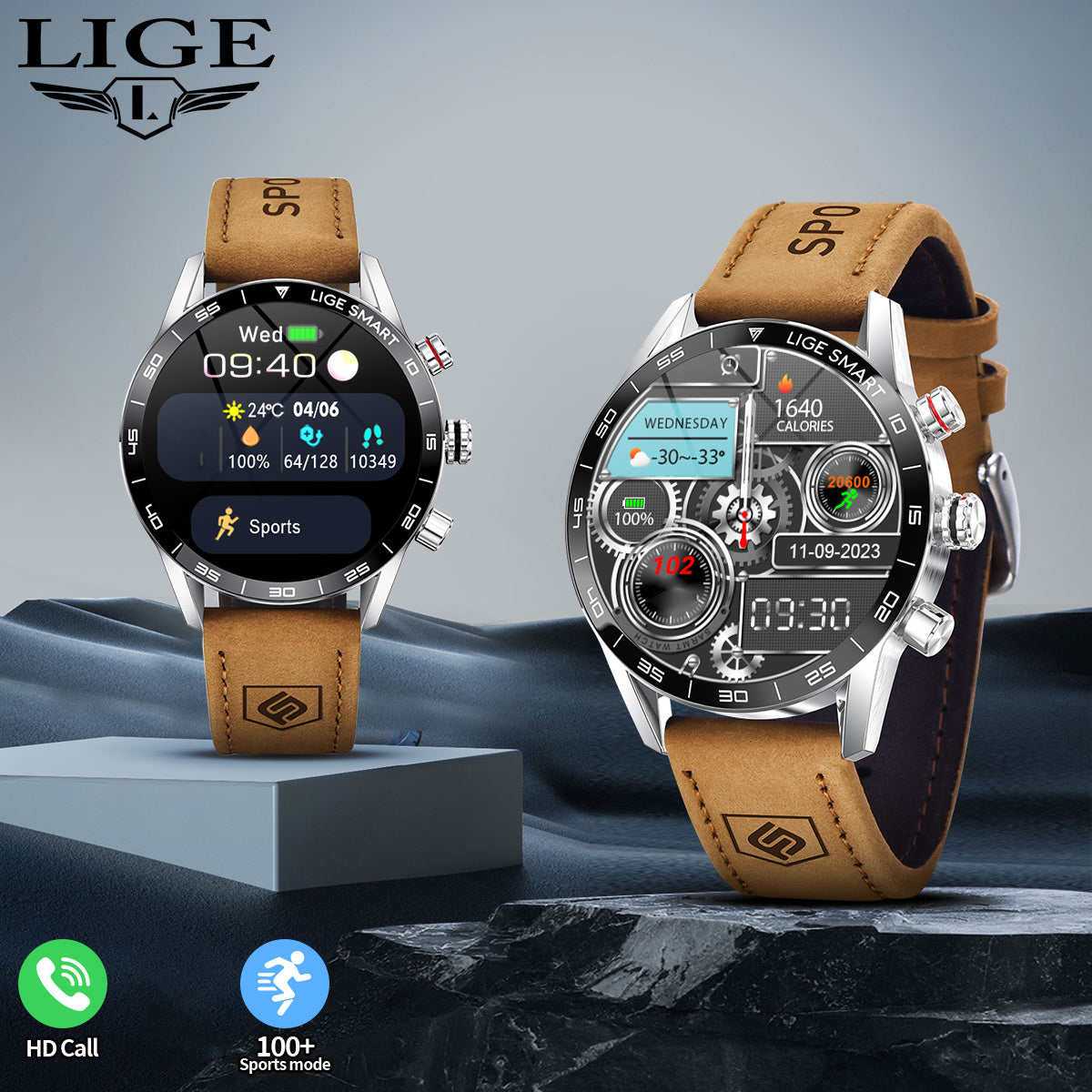 LIGE Men'S Business Smart Watch with sports timing, digital display, USB charging, round zinc alloy case, calendar, wireless call & remote control, water-resistant, rechargeable battery