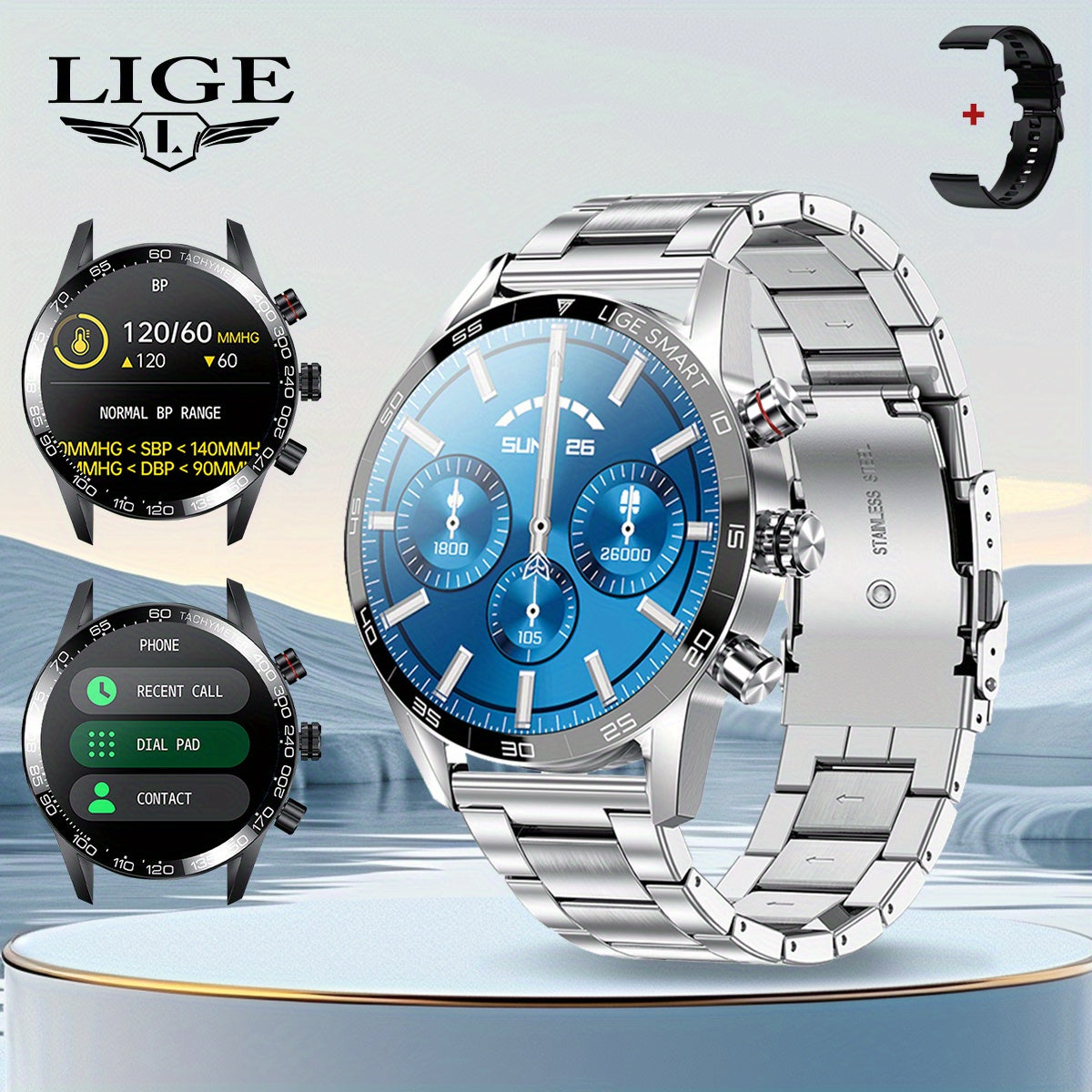 LIGE Men'S Business Smart Watch with sports timing, digital display, USB charging, round zinc alloy case, calendar, wireless call & remote control, water-resistant, rechargeable battery