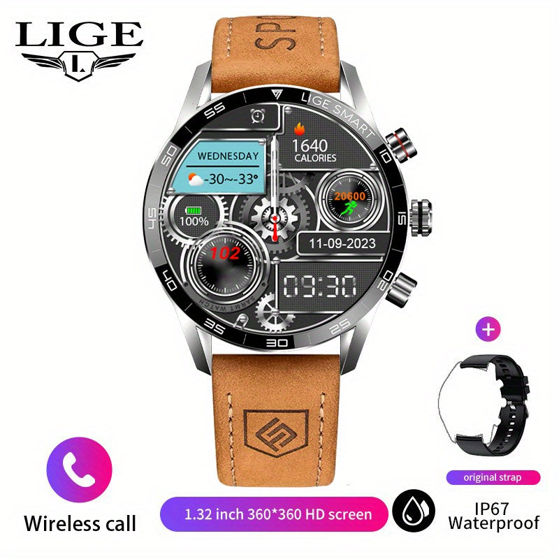 LIGE Men'S Business Smart Watch with sports timing, digital display, USB charging, round zinc alloy case, calendar, wireless call & remote control, water-resistant, rechargeable battery