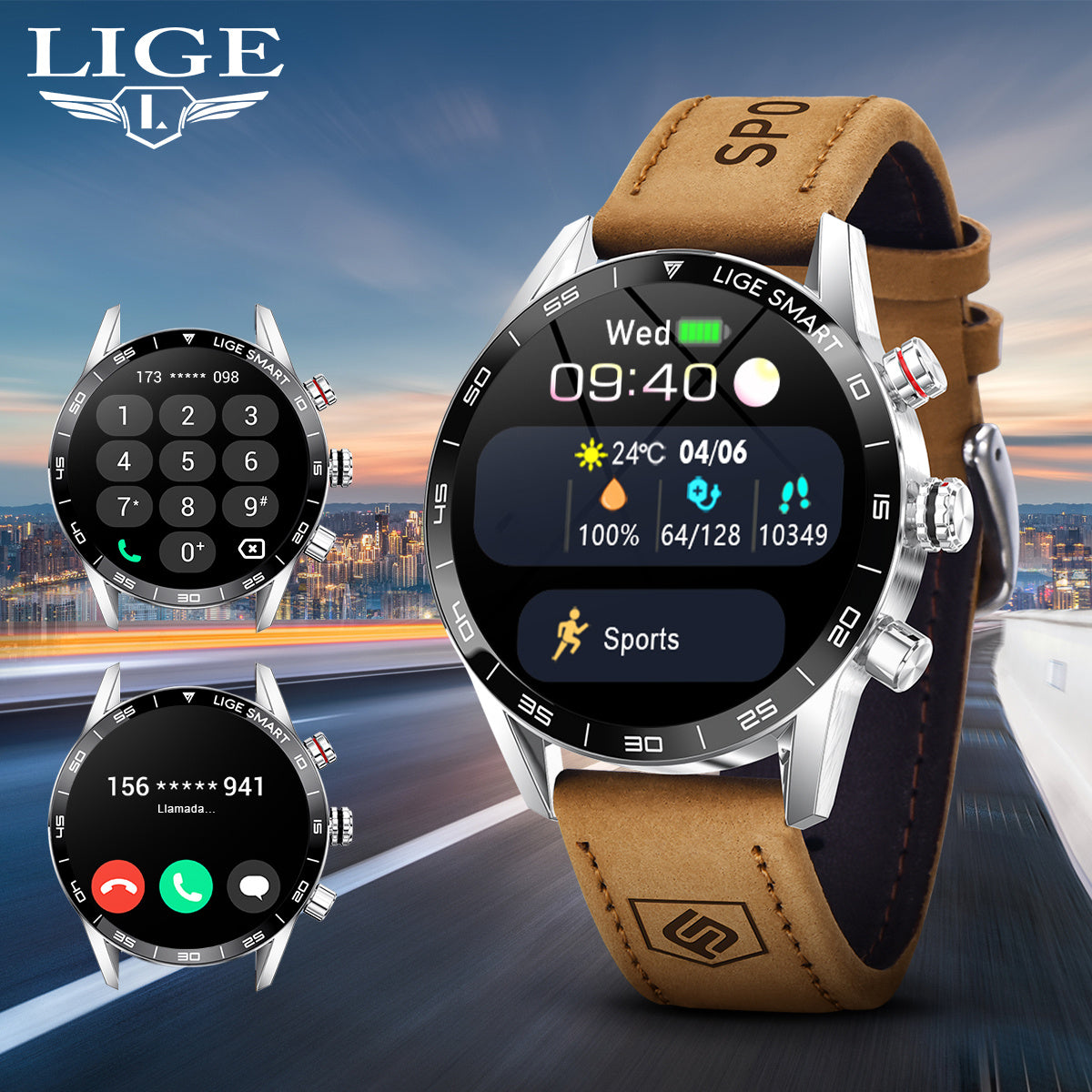 LIGE Men'S Business Smart Watch with sports timing, digital display, USB charging, round zinc alloy case, calendar, wireless call & remote control, water-resistant, rechargeable battery