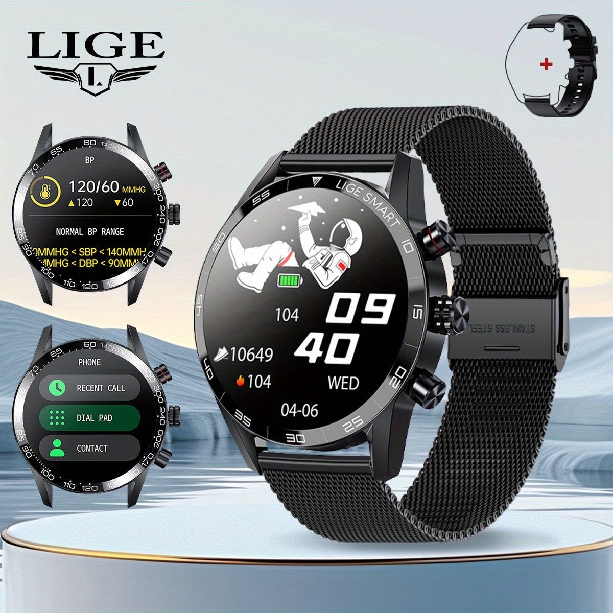 LIGE Men'S Business Smart Watch with sports timing, digital display, USB charging, round zinc alloy case, calendar, wireless call & remote control, water-resistant, rechargeable battery