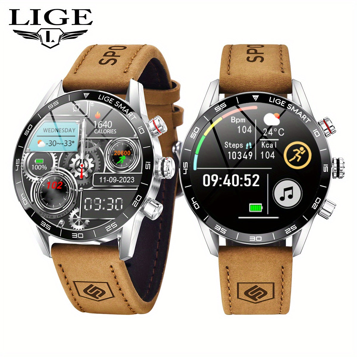 LIGE Men'S Business Smart Watch with sports timing, digital display, USB charging, round zinc alloy case, calendar, wireless call & remote control, water-resistant, rechargeable battery