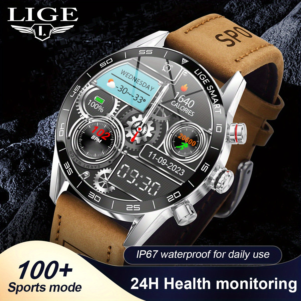 LIGE Men'S Business Smart Watch with sports timing, digital display, USB charging, round zinc alloy case, calendar, wireless call & remote control, water-resistant, rechargeable battery