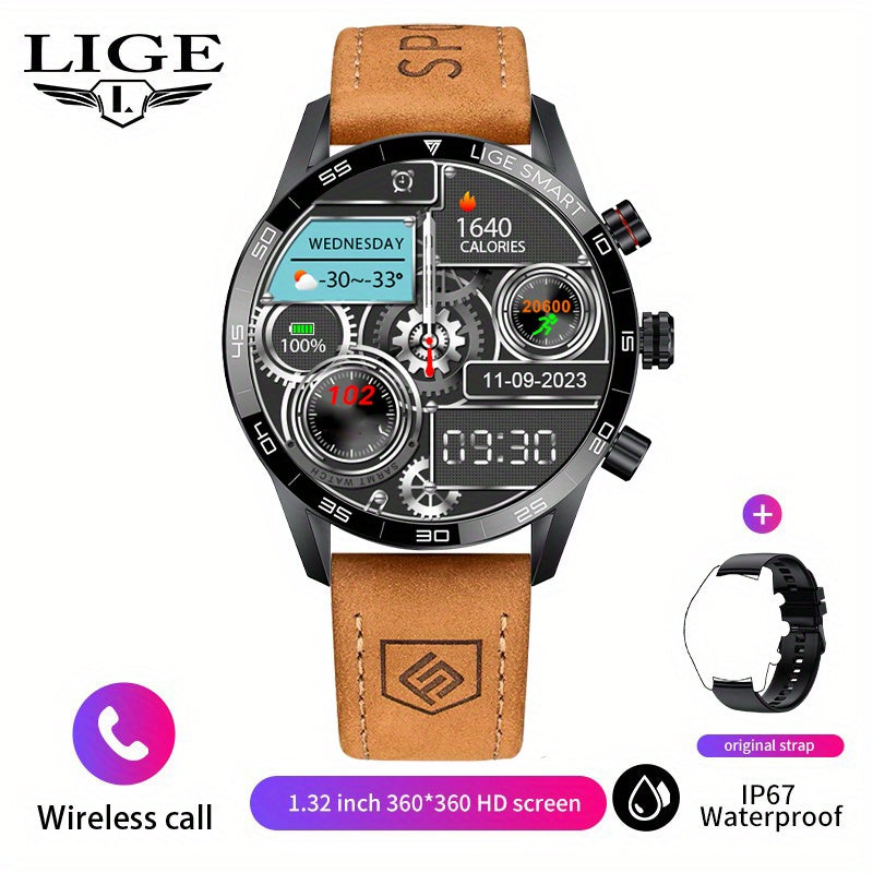 LIGE Men'S Business Smart Watch with sports timing, digital display, USB charging, round zinc alloy case, calendar, wireless call & remote control, water-resistant, rechargeable battery