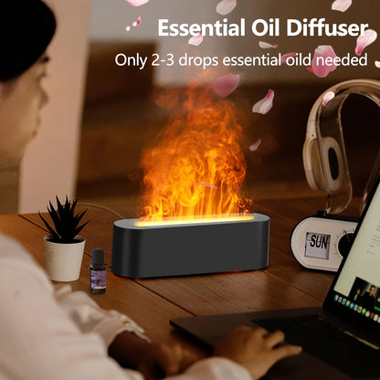 USB aromatherapy humidifier with 7-color flame effect, essential oil compatible, sleek black design for home or office, creates cozy ambiance with vibrant lighting choices.