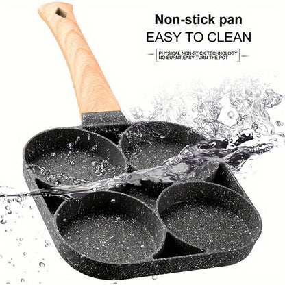 1-piece 4-Hole Non-Stick Omelet Frying Pan with ABS Handle, Made from Cast Iron for Pancakes, Eggs, Burgers Cookware. Easy to Clean Multi-Section Breakfast Skillet.