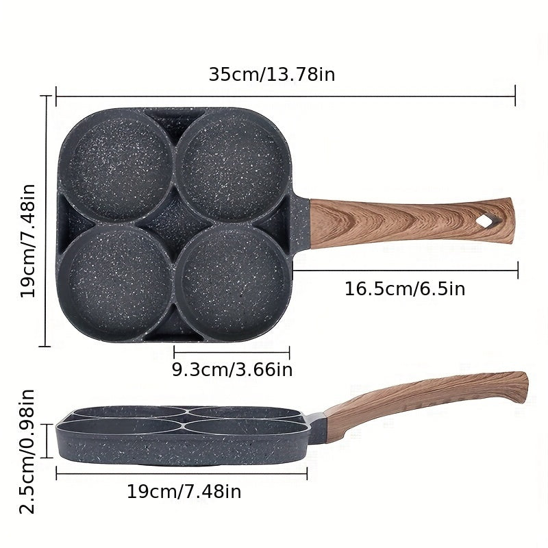 1-piece 4-Hole Non-Stick Omelet Frying Pan with ABS Handle, Made from Cast Iron for Pancakes, Eggs, Burgers Cookware. Easy to Clean Multi-Section Breakfast Skillet.