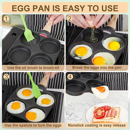 1-piece 4-Hole Non-Stick Omelet Frying Pan with ABS Handle, Made from Cast Iron for Pancakes, Eggs, Burgers Cookware. Easy to Clean Multi-Section Breakfast Skillet.