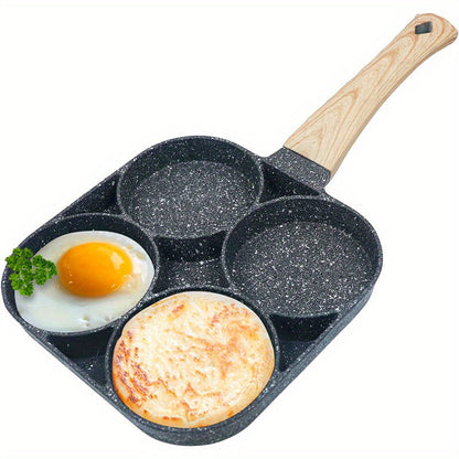 1-piece 4-Hole Non-Stick Omelet Frying Pan with ABS Handle, Made from Cast Iron for Pancakes, Eggs, Burgers Cookware. Easy to Clean Multi-Section Breakfast Skillet.