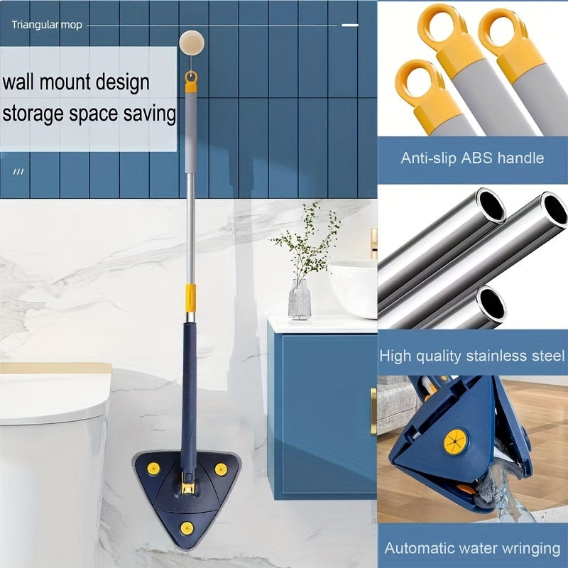 360-Degree Rotating Triangle Mop Set with Telescoping Handle - Ideal for Cleaning Bathtubs, Tiles, Glass, and Floors. Features Push-Pull Automatic Squeeze and Adjustable Design. Compatible with a Variety of Cleaning Cloths. Suitable for Use in Living