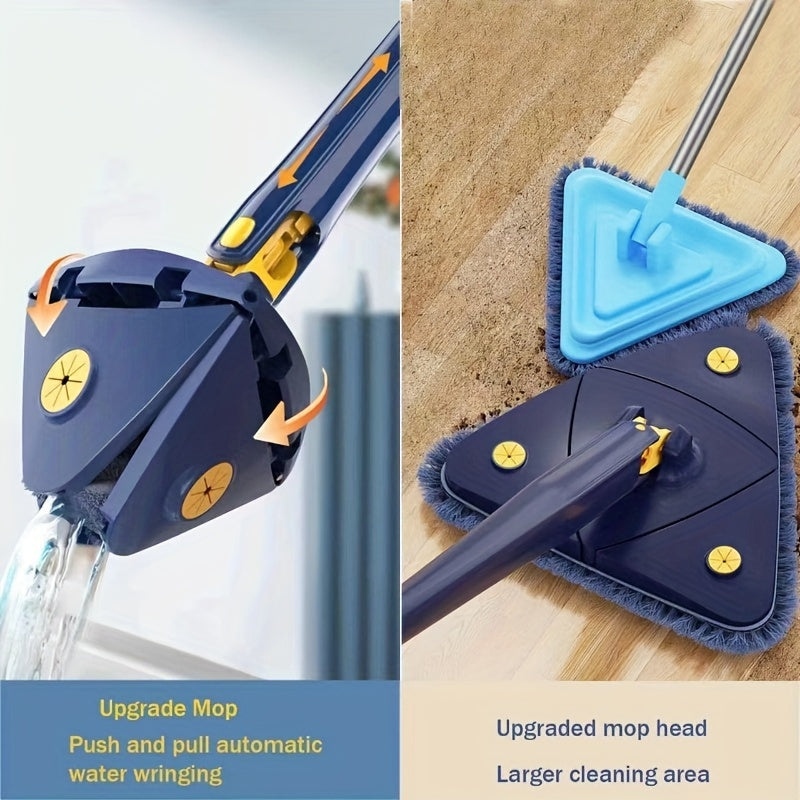 360-Degree Rotating Triangle Mop Set with Telescoping Handle - Ideal for Cleaning Bathtubs, Tiles, Glass, and Floors. Features Push-Pull Automatic Squeeze and Adjustable Design. Compatible with a Variety of Cleaning Cloths. Suitable for Use in Living