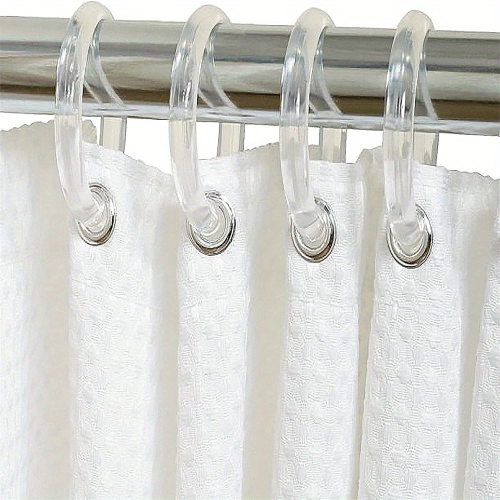 12pcs/pack of new style clear plastic shower curtain rings with easy snap closure hooks made of lightweight high quality plastic. Sturdy, rustproof, and O-shaped design is easy to bend. Crystal clear material that is not easy to break.