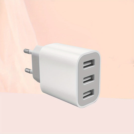 Compact 3-port USB wall adapter with Type-C connector for fast charging iPhone and Samsung Galaxy devices.