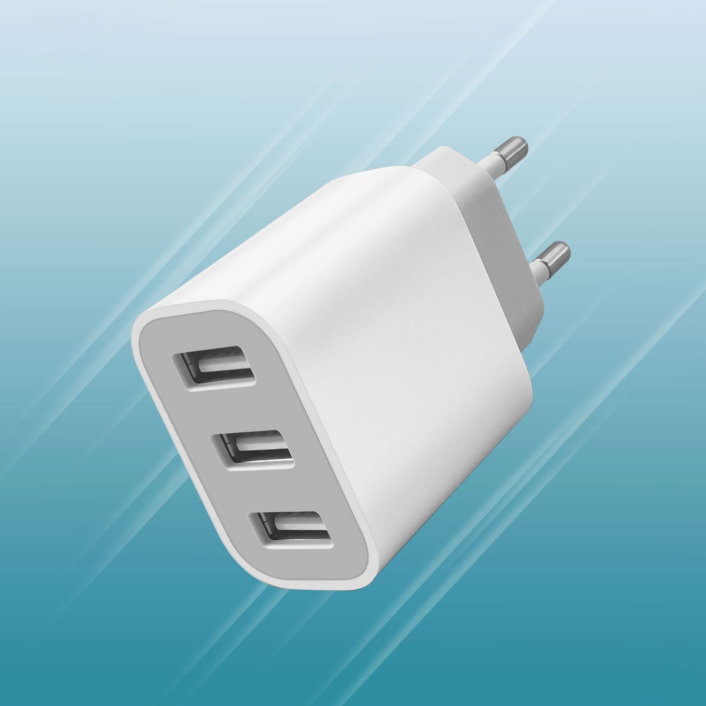 Fast-charging USB wall charger for iPhone and Samsung Galaxy devices.