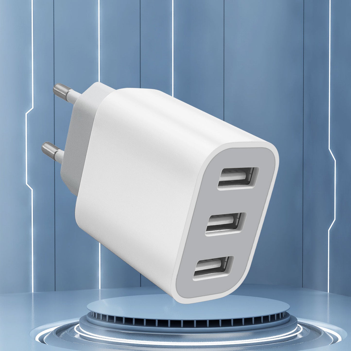 Fast-charging USB wall charger for iPhone and Samsung Galaxy devices.