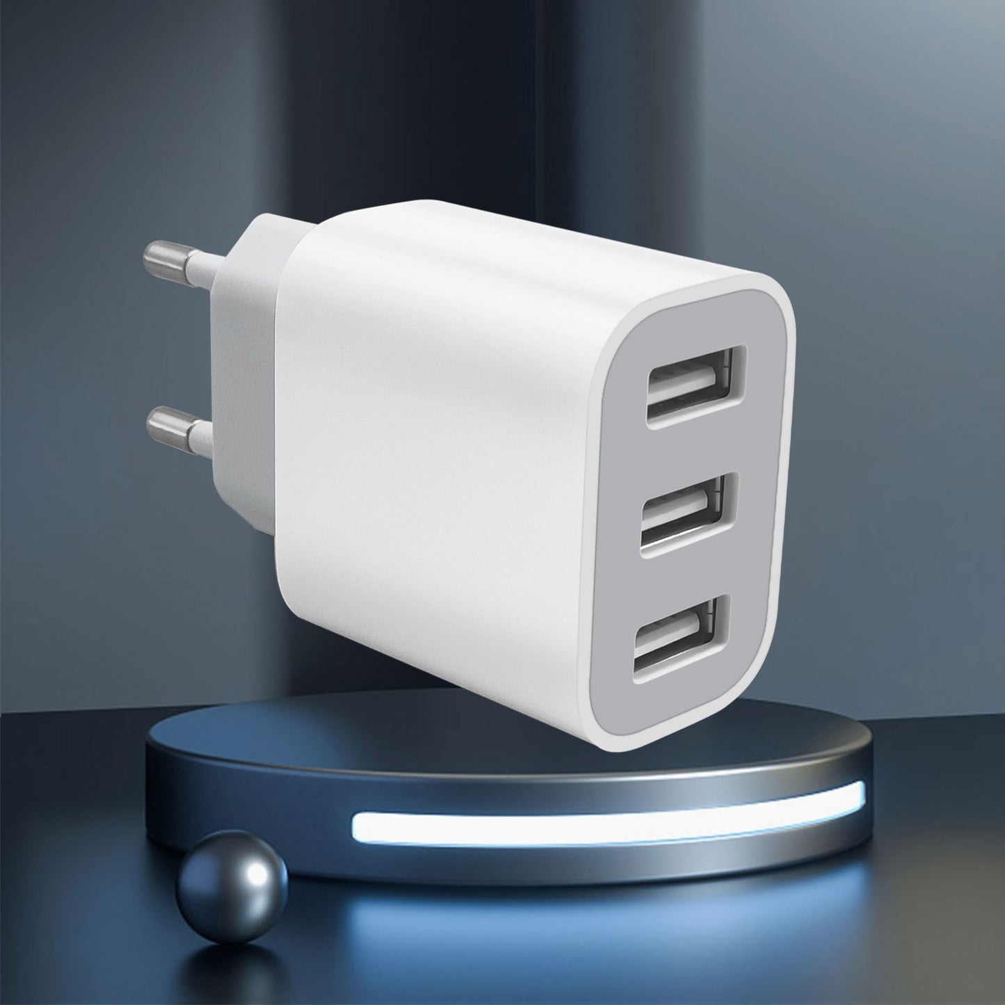 Fast-charging USB wall charger for iPhone and Samsung Galaxy devices.