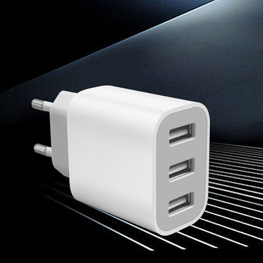 Fast-charging USB wall charger for iPhone and Samsung Galaxy devices.