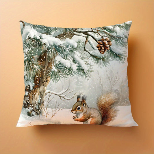 Snowy squirrel throw pillow cover in winter scene design, 100% polyester, double-sided print, 44.98cm x 44.98cm. Allergy-friendly, machine washable, zipper closure for sofa or chair decor. Insert not included.