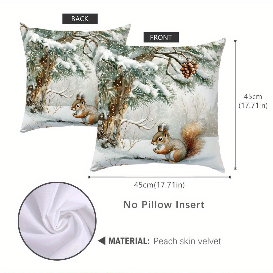 Snowy squirrel throw pillow cover in winter scene design, 100% polyester, double-sided print, 44.98cm x 44.98cm. Allergy-friendly, machine washable, zipper closure for sofa or chair decor. Insert not included.