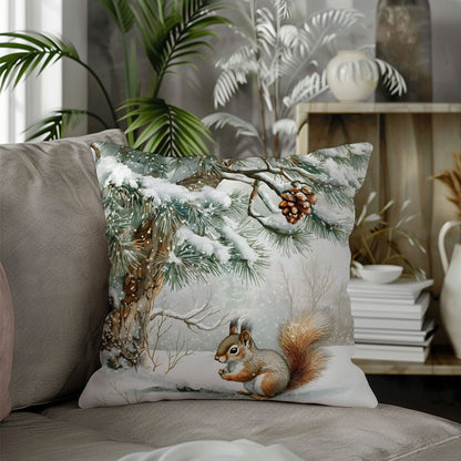 Snowy squirrel throw pillow cover in winter scene design, 100% polyester, double-sided print, 44.98cm x 44.98cm. Allergy-friendly, machine washable, zipper closure for sofa or chair decor. Insert not included.