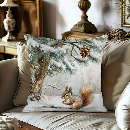 Snowy squirrel throw pillow cover in winter scene design, 100% polyester, double-sided print, 44.98cm x 44.98cm. Allergy-friendly, machine washable, zipper closure for sofa or chair decor. Insert not included.