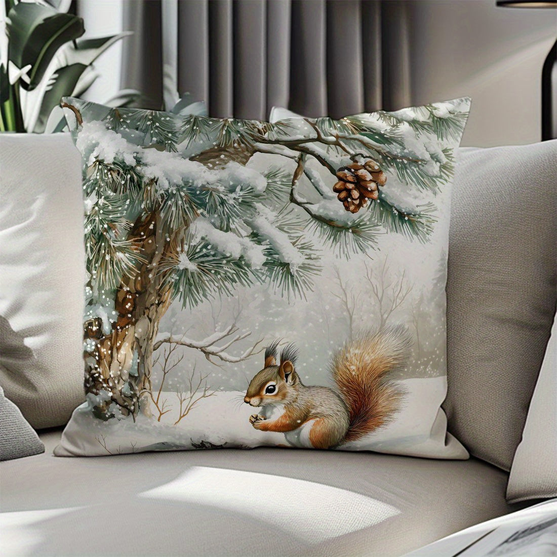 Snowy squirrel throw pillow cover in winter scene design, 100% polyester, double-sided print, 44.98cm x 44.98cm. Allergy-friendly, machine washable, zipper closure for sofa or chair decor. Insert not included.