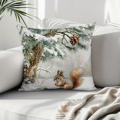 Snowy squirrel throw pillow cover in winter scene design, 100% polyester, double-sided print, 44.98cm x 44.98cm. Allergy-friendly, machine washable, zipper closure for sofa or chair decor. Insert not included.