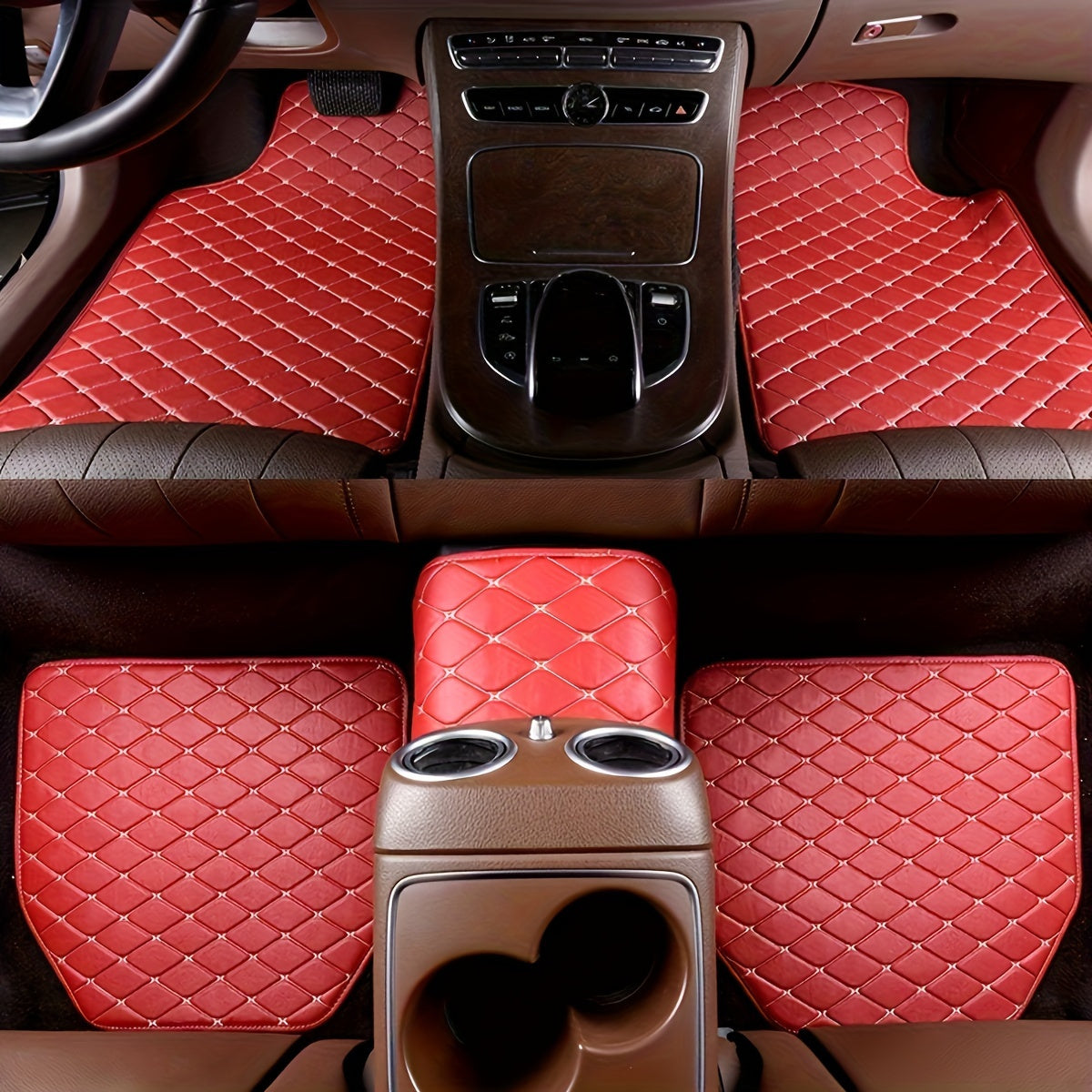 Premium PU leather car floor mats, universal fit, waterproof, easy to clean, complete set for auto interiors.