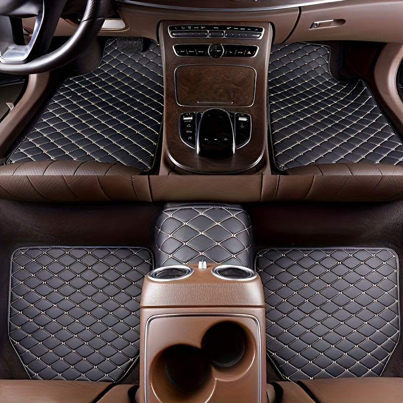 Premium PU leather car floor mats, universal fit, waterproof, easy to clean, complete set for auto interiors.