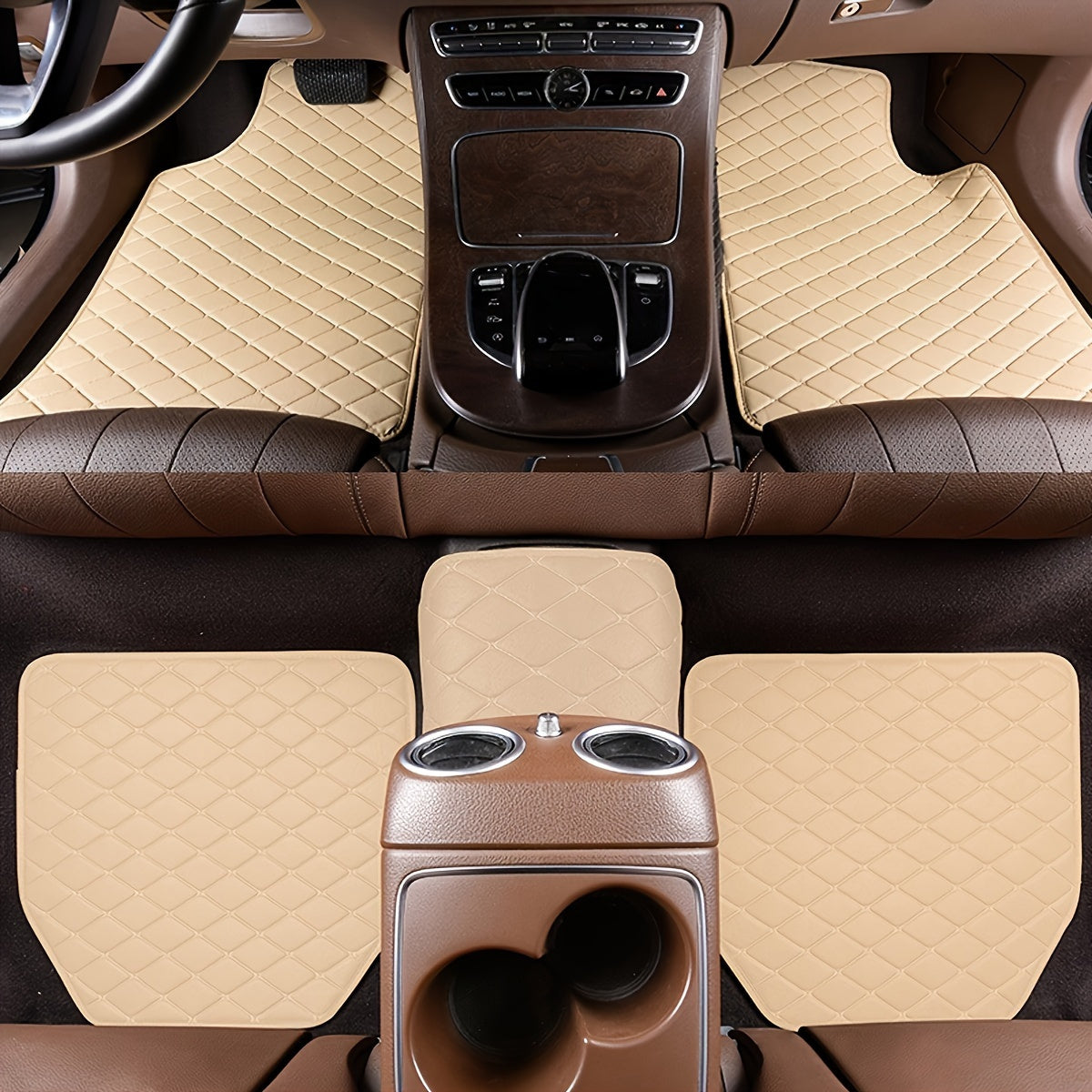 Premium PU leather car floor mats, universal fit, waterproof, easy to clean, complete set for auto interiors.