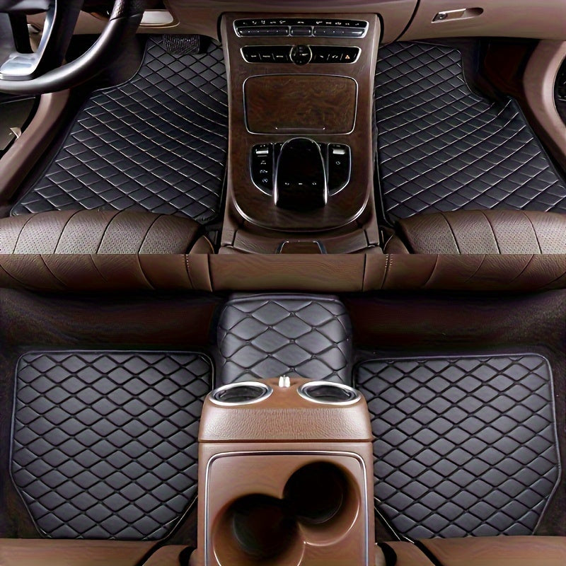 Premium PU leather car floor mats, universal fit, waterproof, easy to clean, complete set for auto interiors.