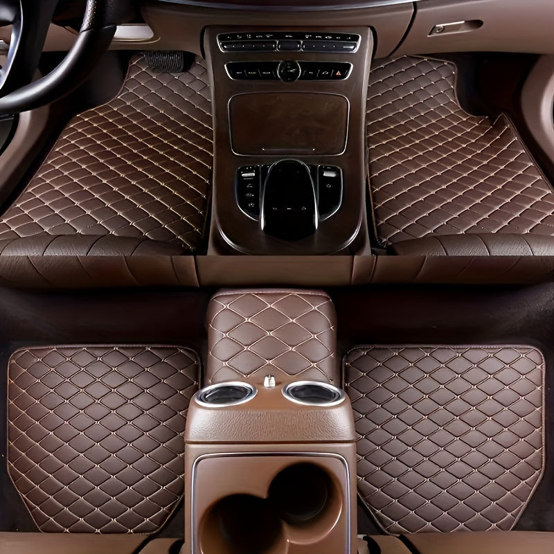 Premium PU leather car floor mats, universal fit, waterproof, easy to clean, complete set for auto interiors.