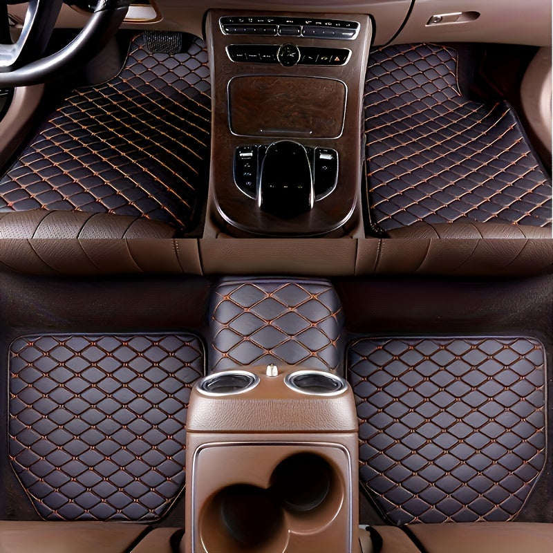 Premium PU leather car floor mats, universal fit, waterproof, easy to clean, complete set for auto interiors.