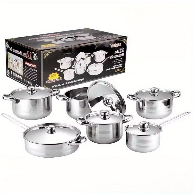 High-quality, Luxury 12-Piece Stainless Steel Cookware Collection - Strong, Non-Stick Cooking Essentials for Household and Professional Kitchens