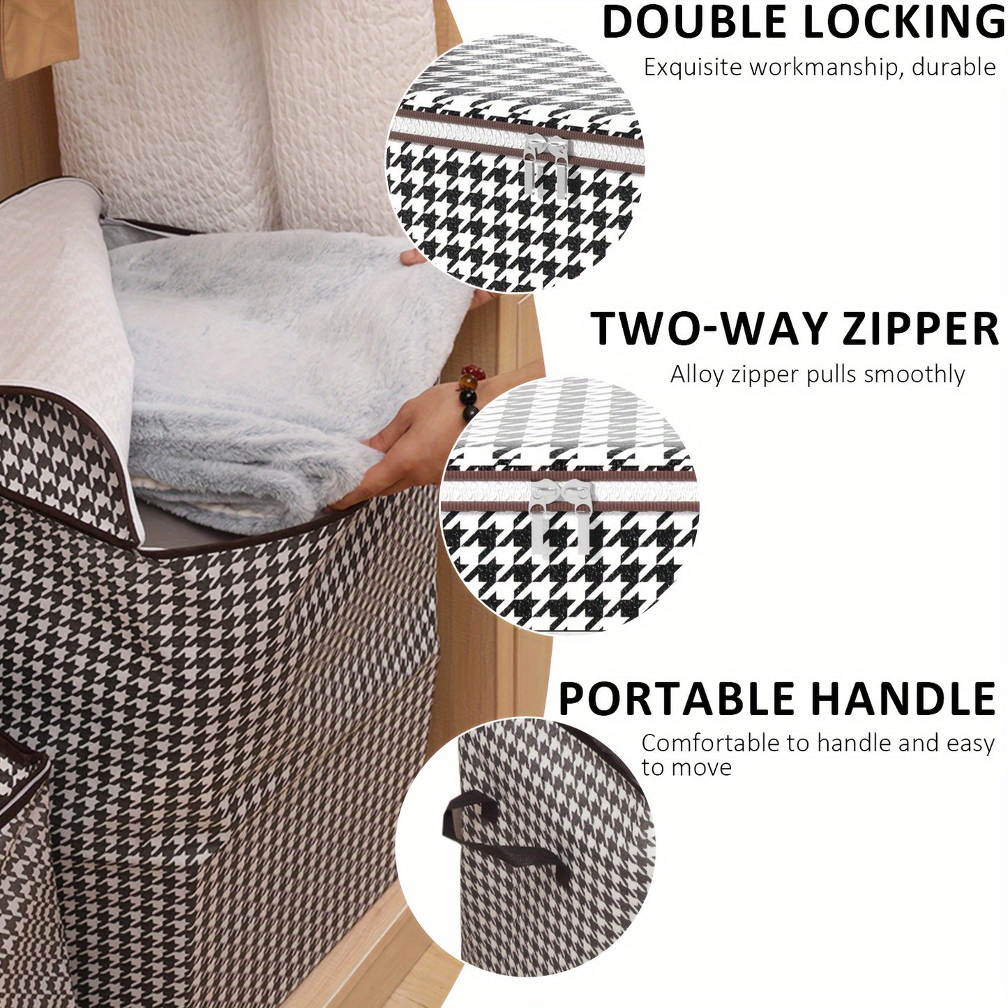 1pc 180L houndstooth storage container with double zippers and handles, ideal for storing clothes, quilts, and protecting against dust and moisture. Great for home or travel, Under-Bed