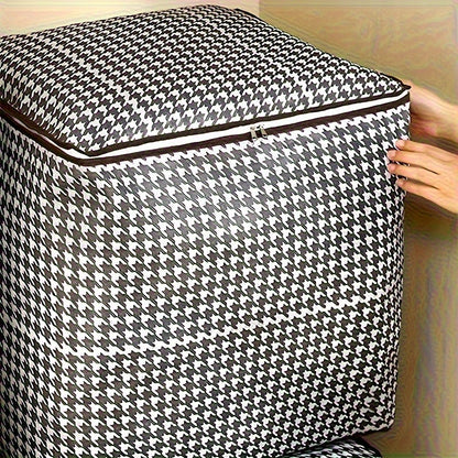 One-third pack of 180.0L extra large houndstooth storage bins made of thickened woven material. Dustproof and moisture-resistant with double zipper and handles. Unscented and no electricity or batteries required.