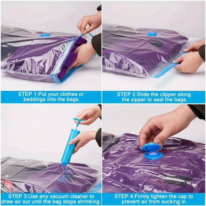 Set of 5 Transparent Vacuum Storage Bags with Blue Zipper - Space-Saving Solution for Clothes, Blankets, and Shirts - Dust-Sealed Containers made of Durable PA+PE Material with Triple Seal for Maximum Freshness - Perfect for Home, Travel, Dorms, and