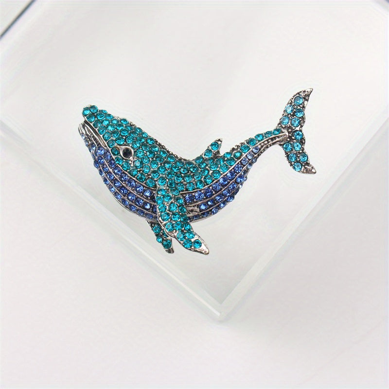 Stylish Whale Pin adorned with Glittering Rhinestones - one-of-a-kind Cartoon Animal Brooch suitable for both Men & Women, featuring a Deluxe Enamel Coating