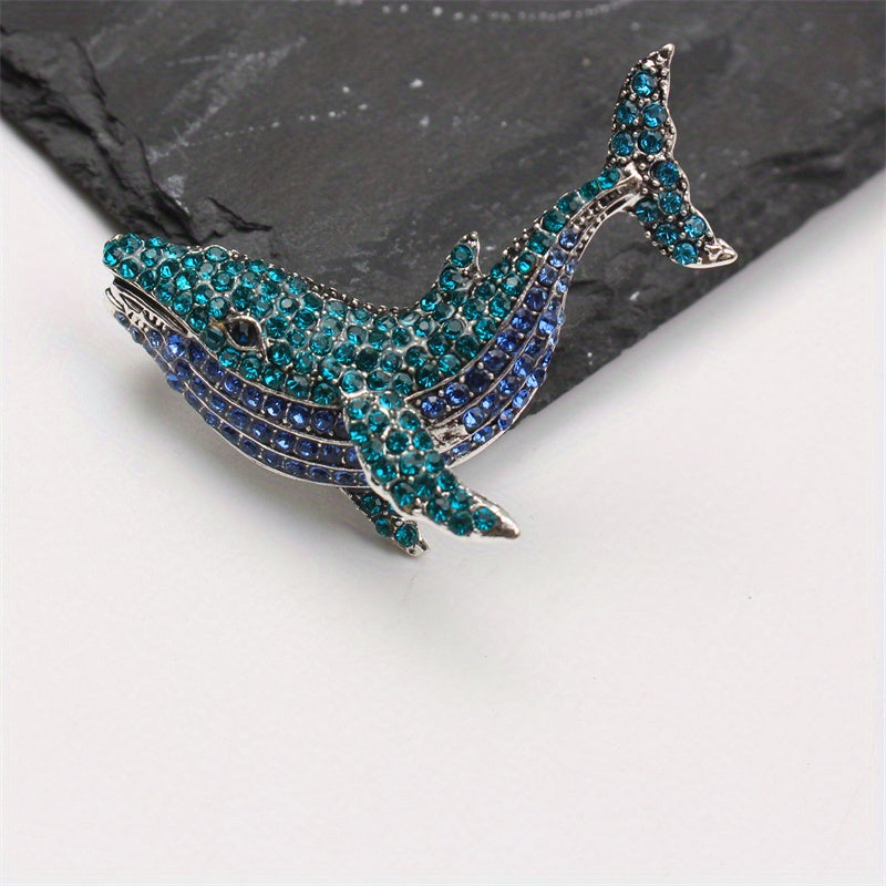 Stylish Whale Pin adorned with Glittering Rhinestones - one-of-a-kind Cartoon Animal Brooch suitable for both Men & Women, featuring a Deluxe Enamel Coating