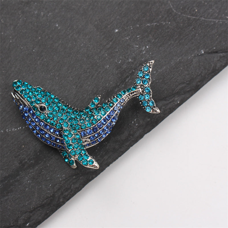 Stylish Whale Pin adorned with Glittering Rhinestones - one-of-a-kind Cartoon Animal Brooch suitable for both Men & Women, featuring a Deluxe Enamel Coating