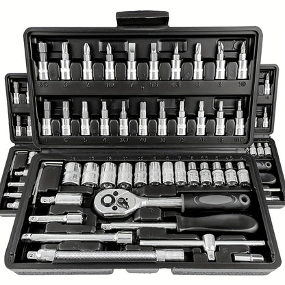 46pc Auto Repair Tool Kit made of carbon steel ratchet wrenches in a durable metal toolbox. Ideal for mechanics and DIY hobbyists.