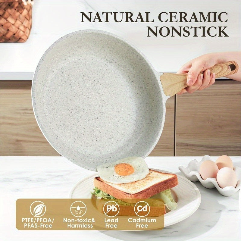 White Healthy Ceramic Skillet with Induction Compatibility and Heat Resistant Handle - PFAS-Free, Perfect for Cooking Eggs and Omelets