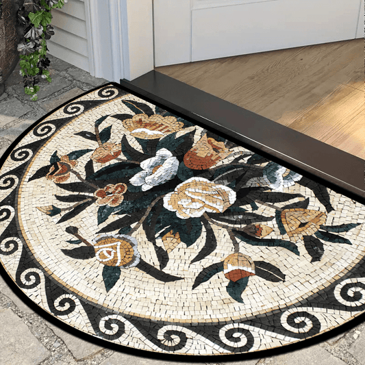 Elegant Half-Round Welcome Mat with Stone and Flower Pattern - Non-Slip, Plush Velvet Entrance Rug for Stylish Home Decor