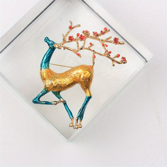 Glamorous Luxury Enamel Deer Brooch Pin featuring Rich Golden Texture and Sparkling Simulated Ruby Accents – Unique Irregular Shape adds a touch of Novelty to your Fashion Ensemble