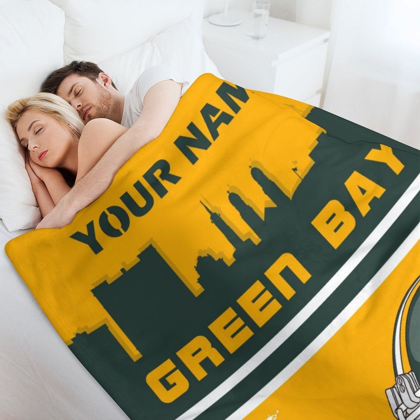 Blanket that can be personalized with the name of your choice and features the Green Bay football team. Made from cozy polyester, this throw blanket is the perfect gift for fans.