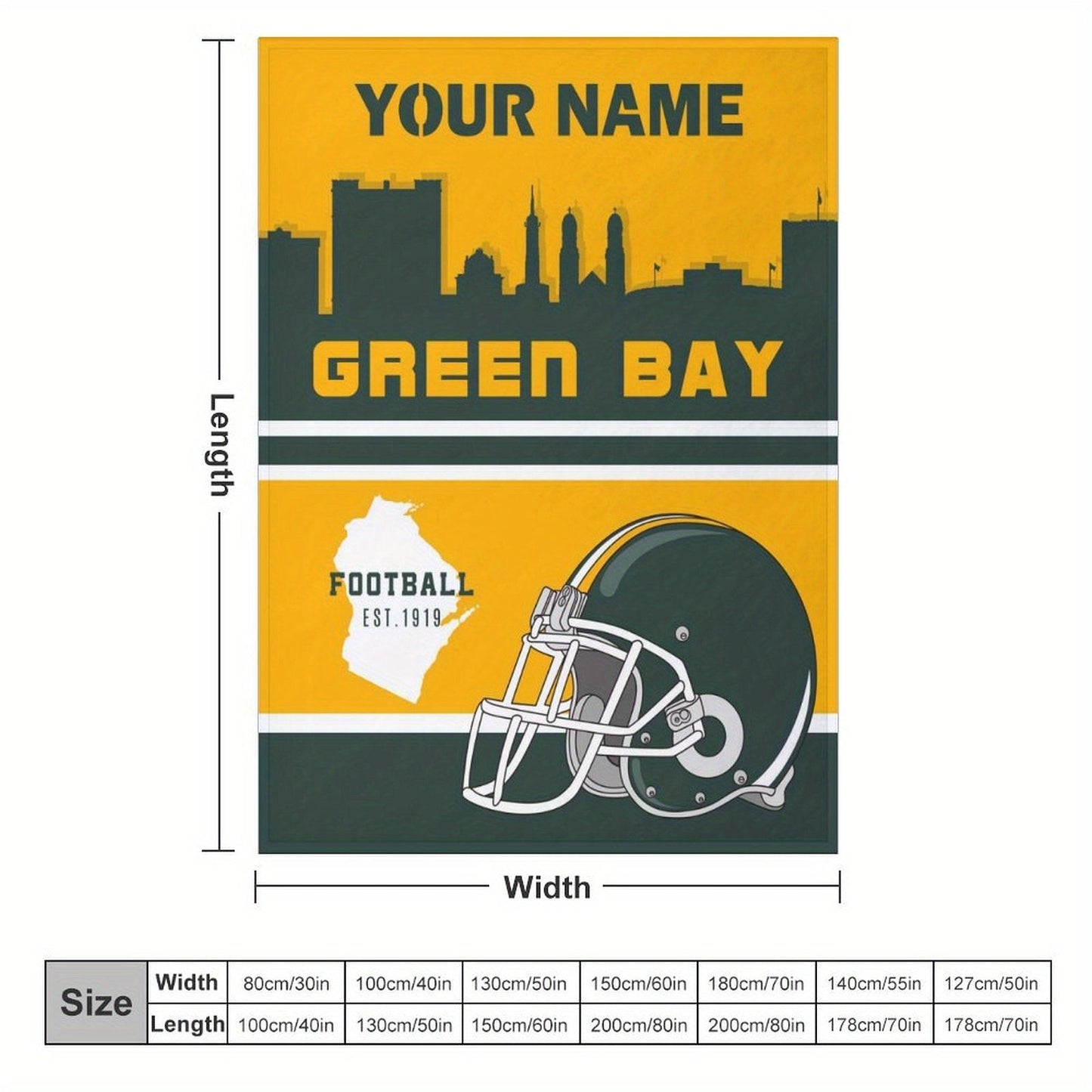 Blanket that can be personalized with the name of your choice and features the Green Bay football team. Made from cozy polyester, this throw blanket is the perfect gift for fans.